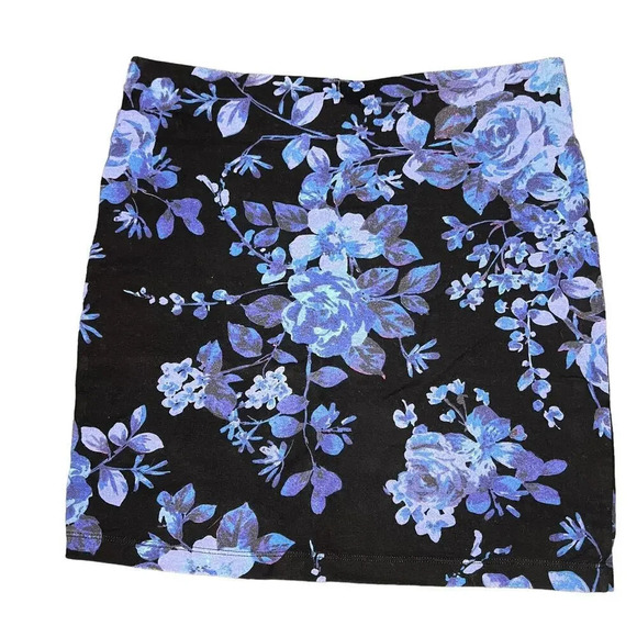 Express Women's Small Black‎ & Blue Floral Mini Skirt High Rise Stretch Casual - Picture 1 of 3